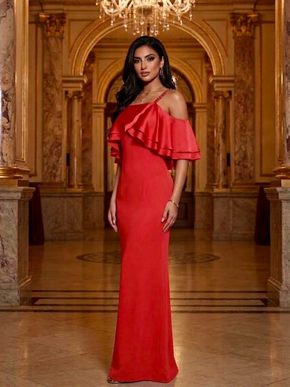 Adrianna Papell Red Cold Shoulder Jeweled Straps Back Slit Long Formal Dress 10